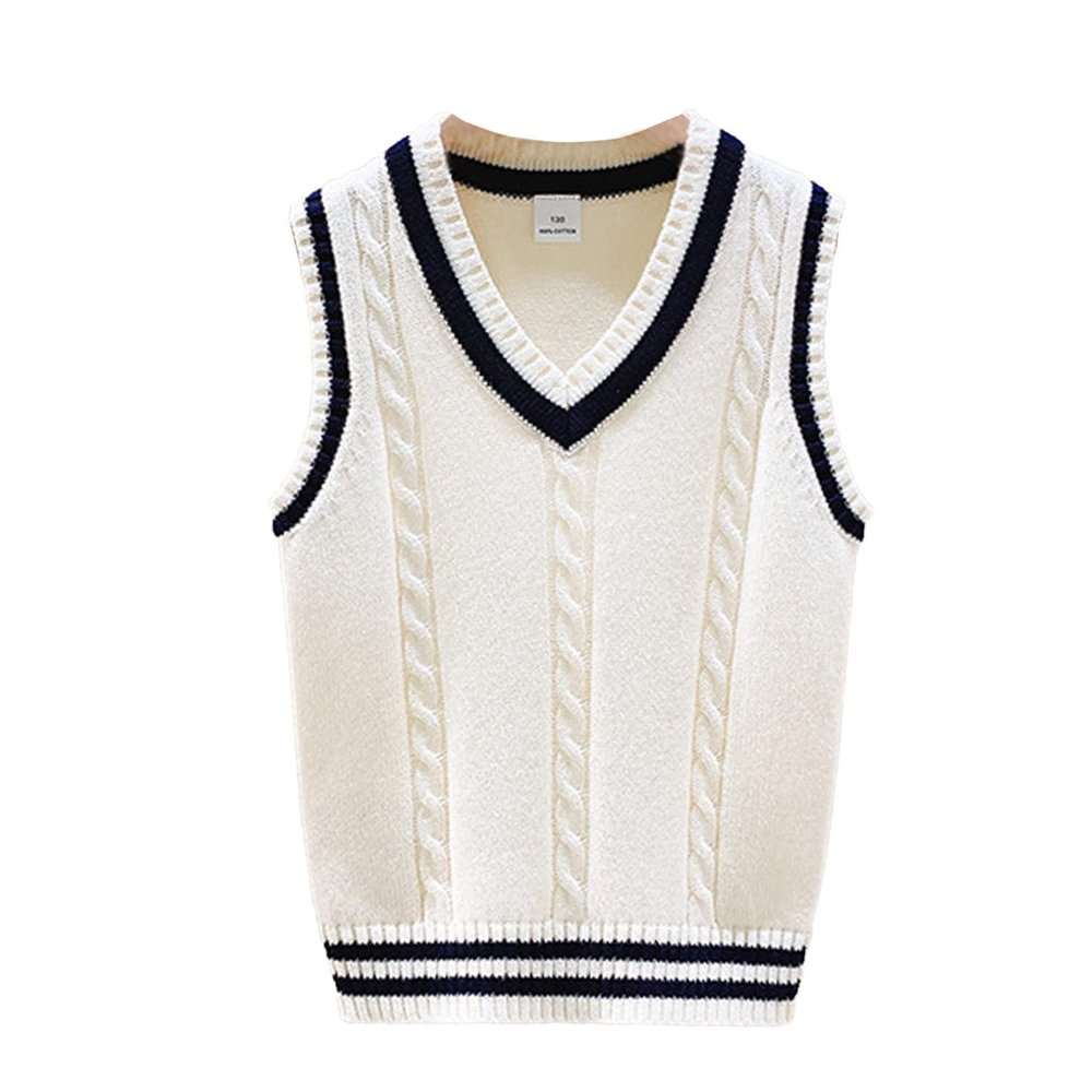 easyforever Boys Girls Uniform Knitted Vest V Neck Sleeveless Cable Crochet Knitwear Sweater Waistcoat Pullover Cardigan White 11-12 Years