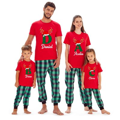Christmas Matching Reindeer Family Initial Name Baby Girl Boys T-Shirt
