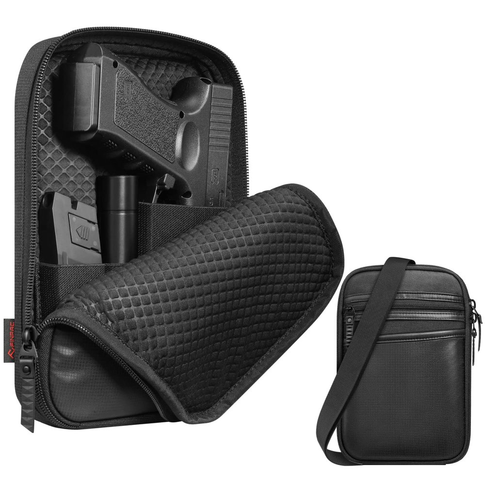 FINPAC Concealed Carry Gun Pouch with Shoulder Strap, Soft Pistol Case Fanny Pack Waist Belt Firearm Bag with Holster for Handgun, Air Gun, Men, Women (Black)