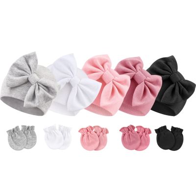 DRESHOW BQUBO Newborn Baby Girls Hats Mittens Set Hospital Hat Beanie Infant Bow Hats Baby Cotton Gloves No Scratch Mittens for 0-6 Months