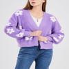 chouyatou Women's Fuzzy Daisy Printed Cropped Cardigan Open Front Jacquard Knit Sweater Tops (Medium, Purple) view 4