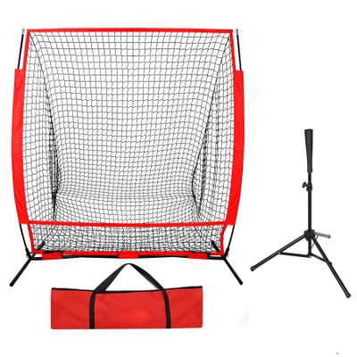 Smartxchoices 5'x5' Baseball Softball Practice Net with Carry Bag + Baseball Tee Stand, Portable Pitching Hitting Batting Catching Throwing Net Toss Backstop Training Combo Equipment