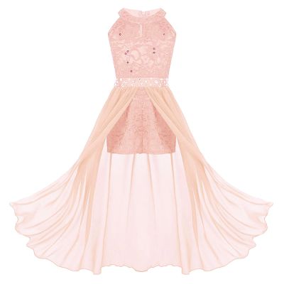 FEESHOW Youth Big Girls Halter Chiffon Pleated Maxi Romper Dress Wedding Party Evening Dance Prom Long Gowns Coral 8 Years