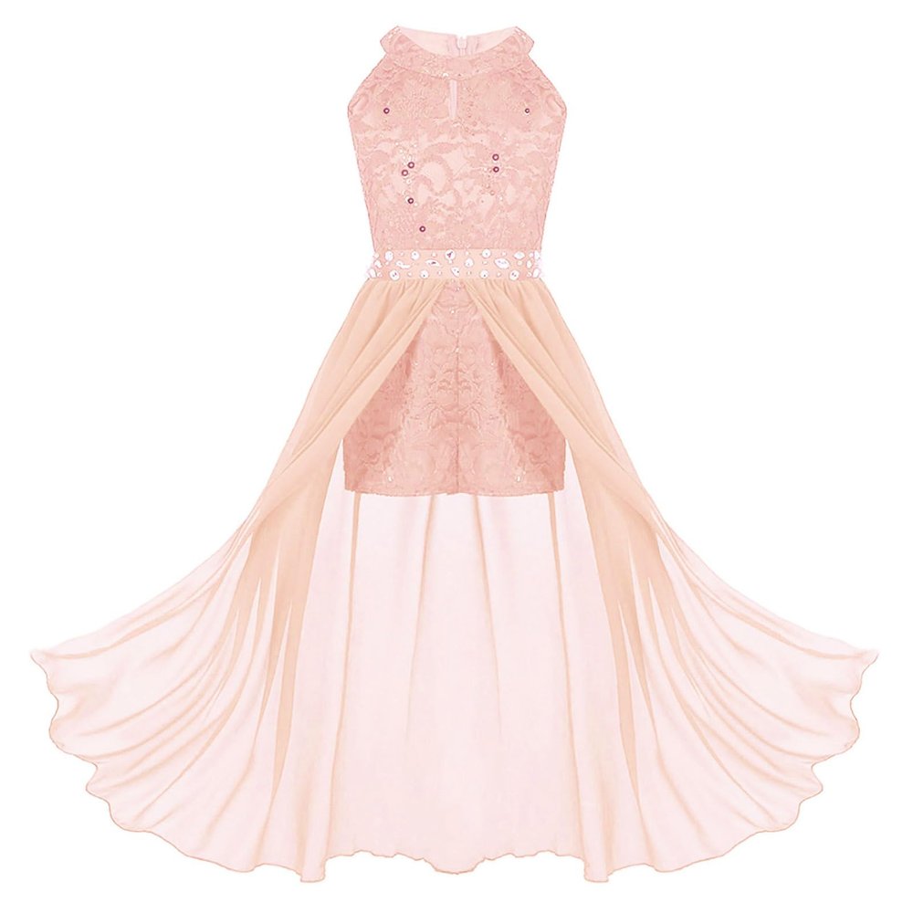 FEESHOW Youth Big Girls Halter Chiffon Pleated Maxi Romper Dress Wedding Party Evening Dance Prom Long Gowns Coral 8 Years