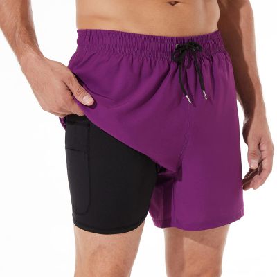 BRISIRA Mens Swim Trunks Swim Shorts Quick Dry 5 inch Inseam Beach Shorts with Compression Liner and Zipper Pocket Purple