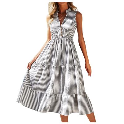 AMIMOJY Sleeveless Dress for Women Casual Button V Neck Striped Dress Midi A Line Dresses Grey