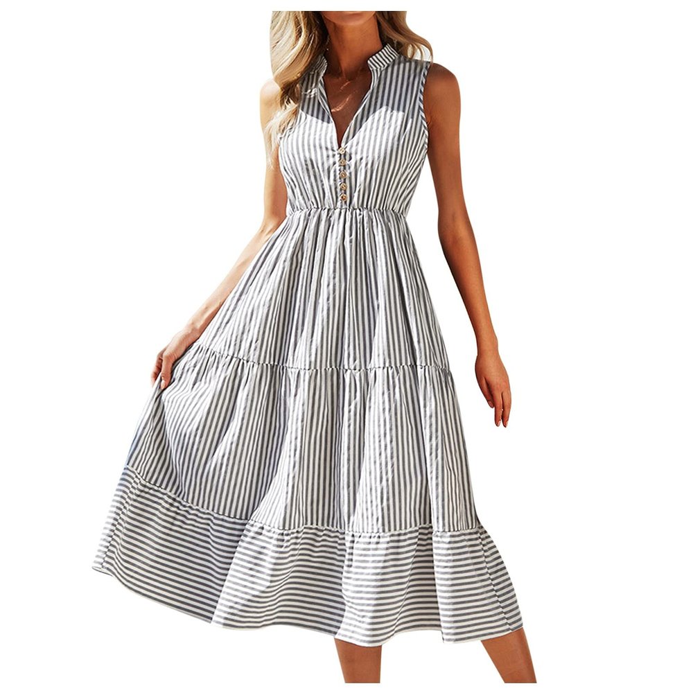 AMIMOJY Sleeveless Dress for Women Casual Button V Neck Striped Dress Midi A Line Dresses Grey