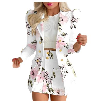tuduoms Women's Blazer Suits Two Piece Formal Work Floral Solid Jacket Skirt Suit for Women Casual Business Lady Suits Sets