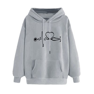 Women's Love Printed Sweatshirt Casual Hoodie Pullover Trendy Long Sleeve Blouse Yoga Shirts for Women Grey