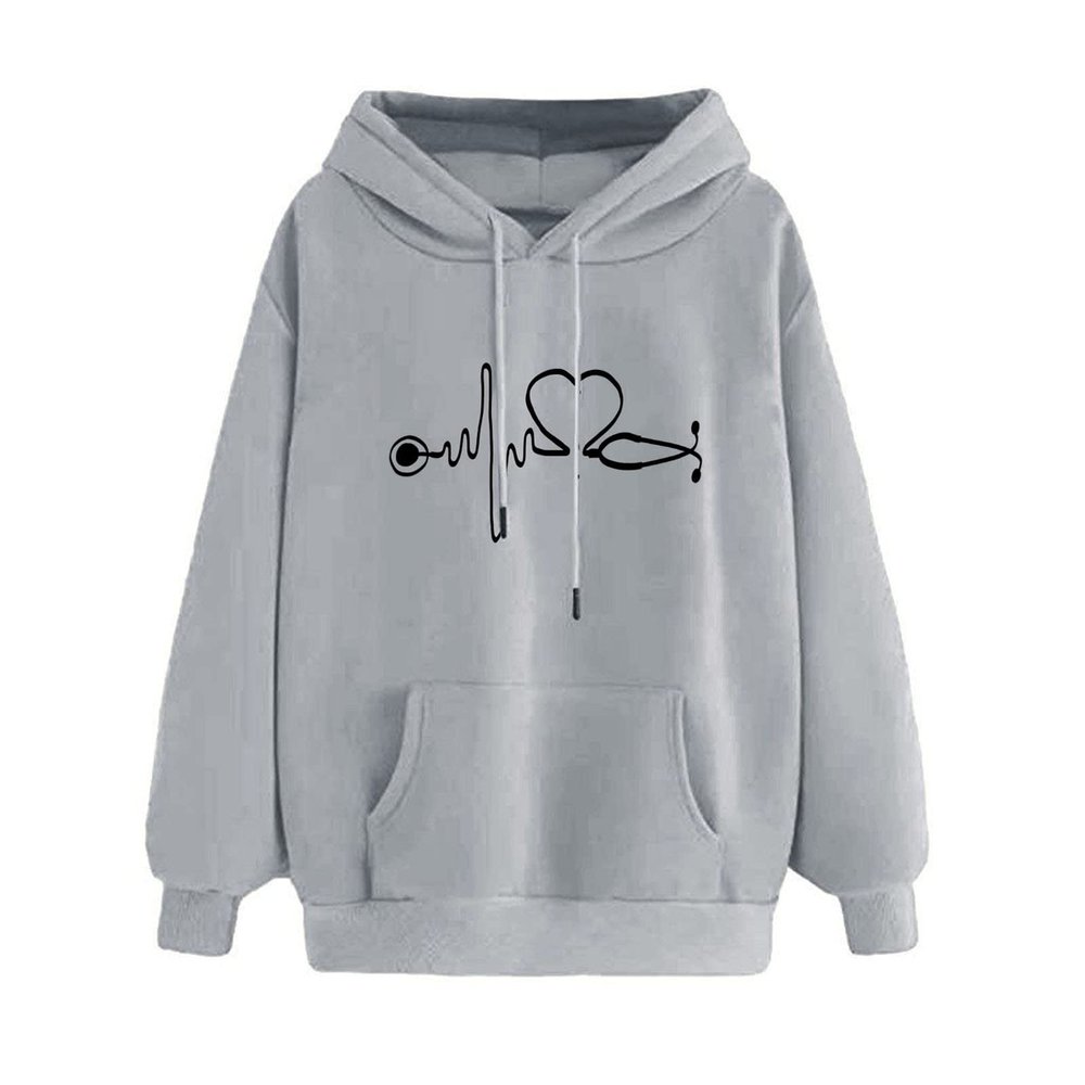 Women's Love Printed Sweatshirt Casual Hoodie Pullover Trendy Long Sleeve Blouse Yoga Shirts for Women Grey