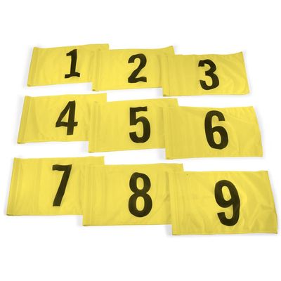 Vispronet Numbered Golf Flags for Putting Green (9) 20in x 14in Yellow & Black Flags Numbered 1-9, Golf Range Accessories for Courses, Outdoor Hole Flag, Durable Polyester Material