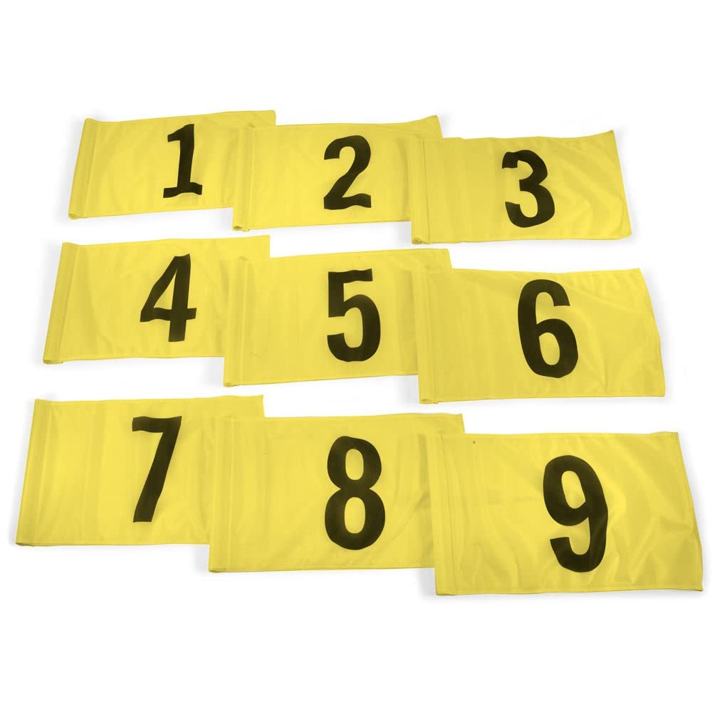 Vispronet Numbered Golf Flags for Putting Green (9)  20in x 14in Yellow & Black Flags Numbered 1-9, Golf Range Accessories for Courses, Outdoor Hole Flag, Durable Polyester Material