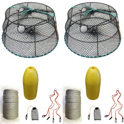 2-Pack of KUFA Sports Vinyl Coated Prawn Trap(Stretched Mesh Size:1-3/4") with 400' Rope, Yellow Float, Bait Bag & Harness Combo (CT79+PBL1+HA2) X2