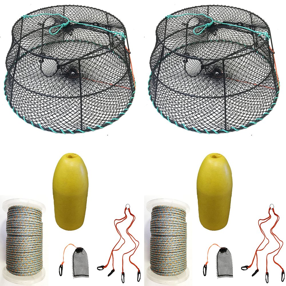 2-Pack of KUFA Sports Vinyl Coated Prawn Trap(Stretched Mesh Size:1-3/4") with 400' Rope, Yellow Float, Bait Bag & Harness Combo (CT79+PBL1+HA2) X2