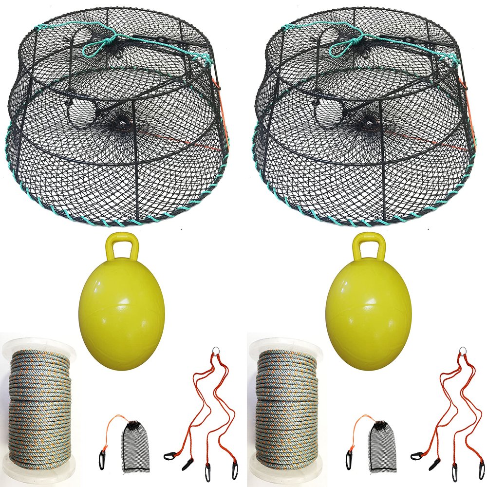 2-Pack of KUFA Sports Vinyl Coated Prawn Trap(Stretched Mesh Size:1-1/8") with 400' Rope, Yellow Float, Bait Bag & Harness Combo ((CT78+PBL5+HA2) X2)