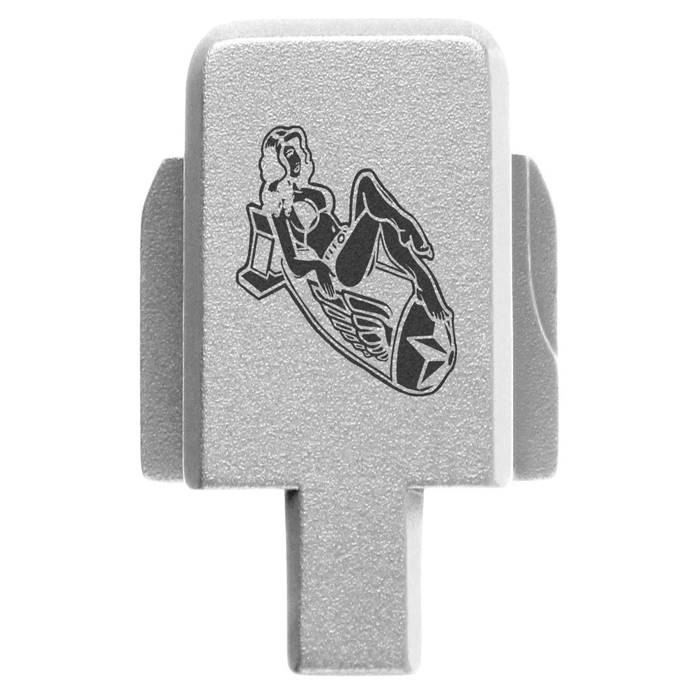 NDZ Performance Rear Slide Cover Plate for Sig P320 Series 9mm .40 .357 .45 ACP Laser Engraved Anodized Aluminum in Silver, Made in The USA - Bomb Pinup Girl 1