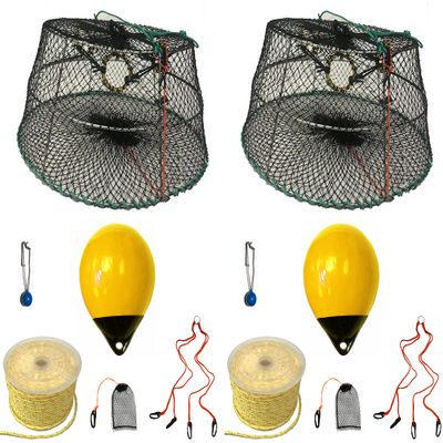 2-Pack of KUFA Sports Tower Style Prawn Trap(Stretched Mesh Size:1-3/4") with 400' Rope, Yellow Float, Bait Bag & Harness Combo (CT77+PBP30Y+HA2) X2