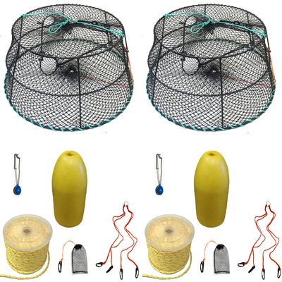 2-Pack of KUFA Sports Vinyl Coated Prawn Trap(Stretched Mesh Size:1-3/4") with 400' Rope, Yellow Float, Bait Bag & Harness Combo (CT79+PBP1+HA2) X2