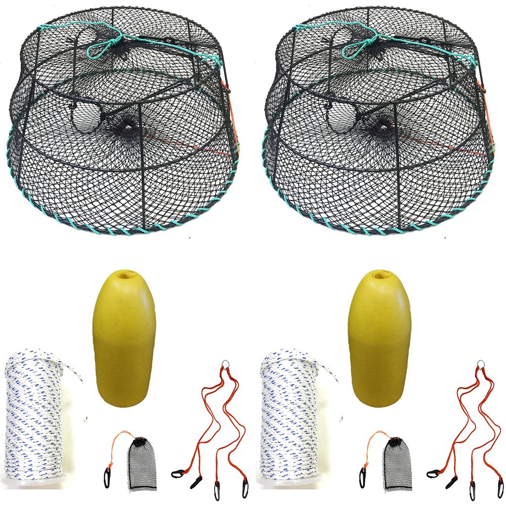 2-Pack of KUFA Sports Vinyl Coated Prawn Trap(Stretched Mesh Size:1-3/4") with 400' Rope, Yellow Float, Bait Bag & Harness Combo (CT79+PBS3+HA2) X2