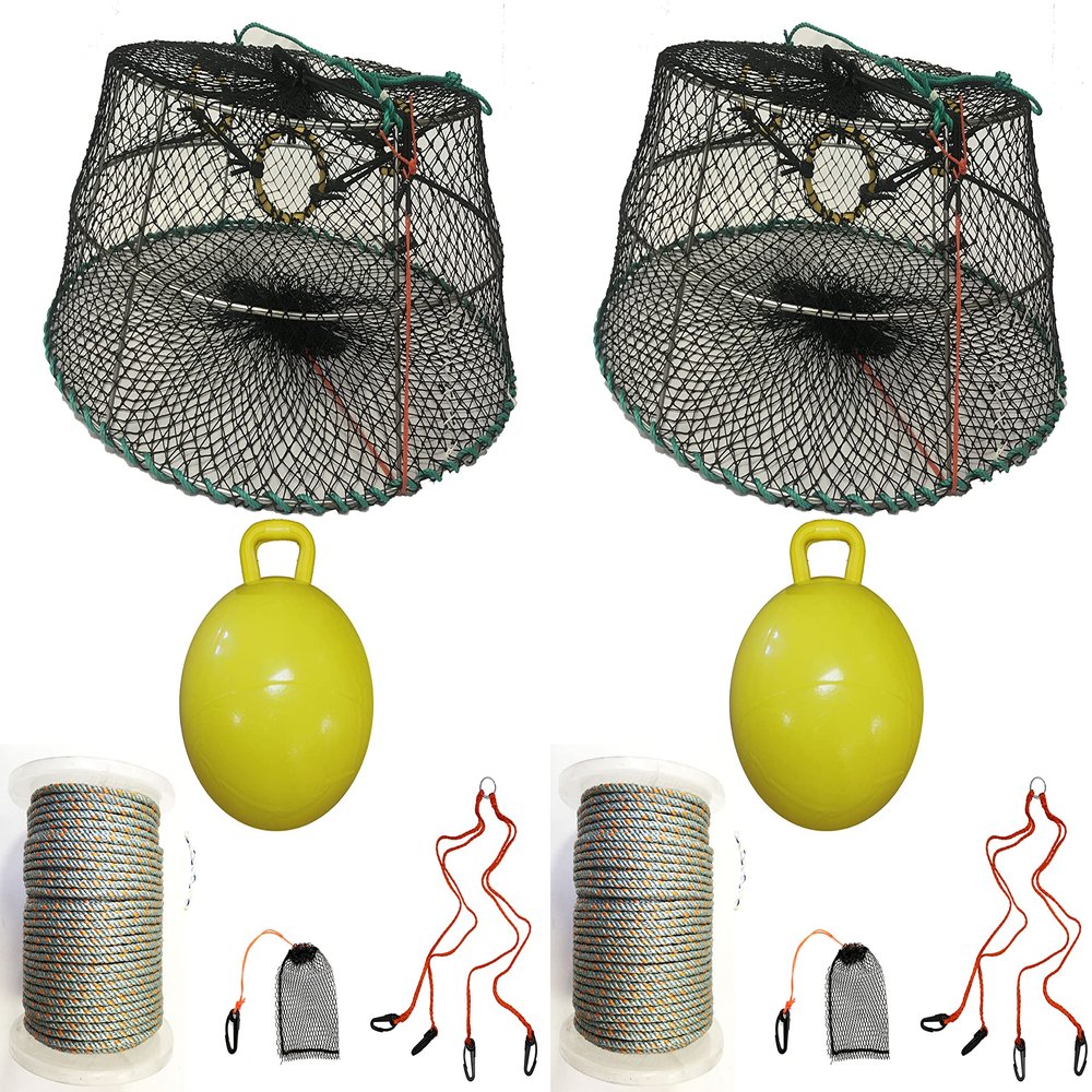 2-Pack of KUFA Sports Tower Style Prawn Trap(Stretched Mesh Size:1-1/8") with 400' Rope, Yellow Float, Bait Bag & Harness Combo ((CT76+PBQ5+HA2) X2)