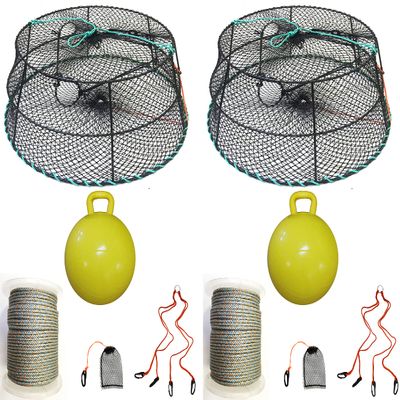 2-Pack of KUFA Sports Vinyl Coated Prawn Trap(Stretched Mesh Size:1-3/4") with 400' Rope, Yellow Float, Bait Bag & Harness Combo (CT79+PBQ5+HA2) X2
