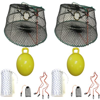 2-Pack of KUFA Sports Tower Style Prawn Trap(Stretched Mesh Size:1-3/4") with 400' Rope, Yellow Float, Bait Bag & Harness Combo (CT77+PBS5+HA2) X2