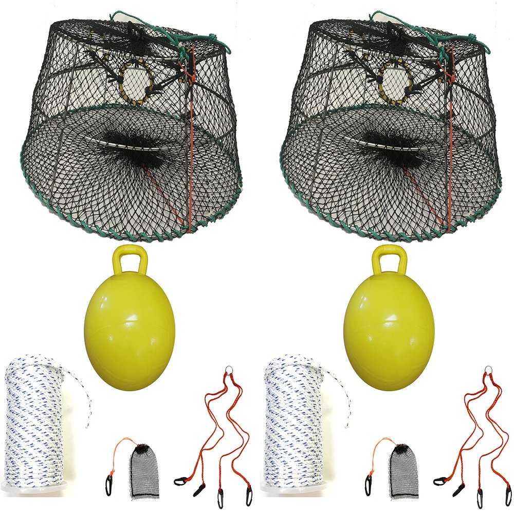 2-Pack of KUFA Sports Tower Style Prawn Trap(Stretched Mesh Size:1-3/4") with 400' Rope, Yellow Float, Bait Bag & Harness Combo (CT77+PBS5+HA2) X2
