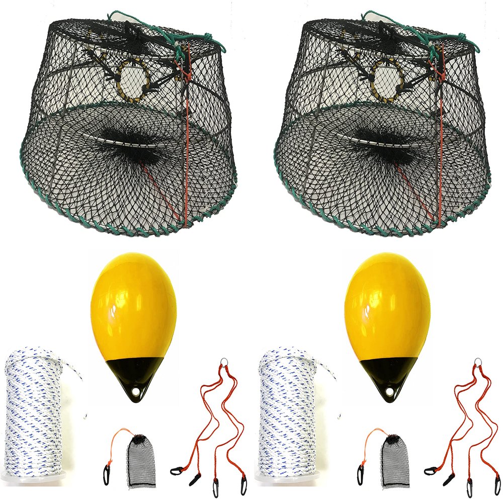 2-Pack of KUFA Sports Tower Style Prawn Trap(Stretched Mesh Size:1-3/4") with 400' Rope, Yellow Float, Bait Bag & Harness Combo (CT77+PBS30Y+HA2) X2