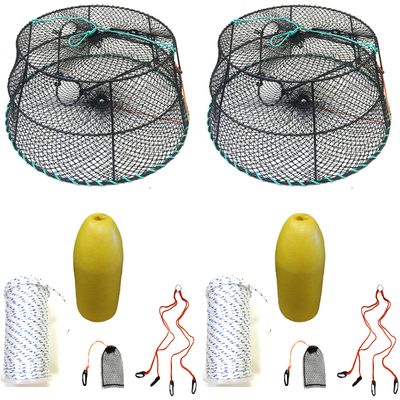 2-Pack of KUFA Sports Vinyl Coated Prawn Trap(Stretched Mesh Size:1-1/8") with 400' Rope, Yellow Float, Bait Bag & Harness Combo ((CT78+PBM3+HA2) X2)