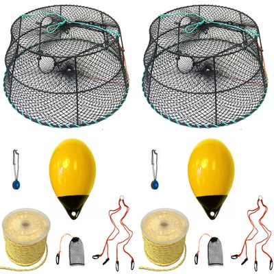 2-Pack of KUFA Sports Vinyl Coated Prawn Trap(Stretched Mesh Size:1-3/4") with 400' Rope, Yellow Float, Bait Bag & Harness Combo (CT79+PBP30Y+HA2) X2