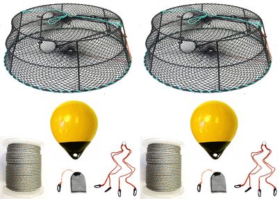 2-Pack of KUFA Sports Vinyl Coated Prawn Trap(Stretched Mesh Size:1-3/4") with 400' Rope, Yellow Float, Bait Bag & Harness Combo (CT79+PBL30Y+HA2) X2