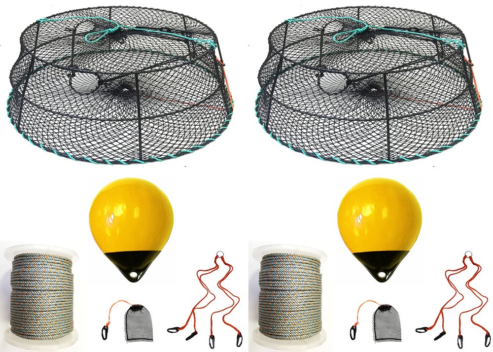 2-Pack of KUFA Sports Vinyl Coated Prawn Trap(Stretched Mesh Size:1-3/4") with 400' Rope, Yellow Float, Bait Bag & Harness Combo (CT79+PBL30Y+HA2) X2