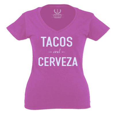 0511. Funny Gift Tacos and Cervezas Cinco de Mayo Mexican Proud Mexico Beer for Women V Neck Fitted T Shirt (Pink X Small)
