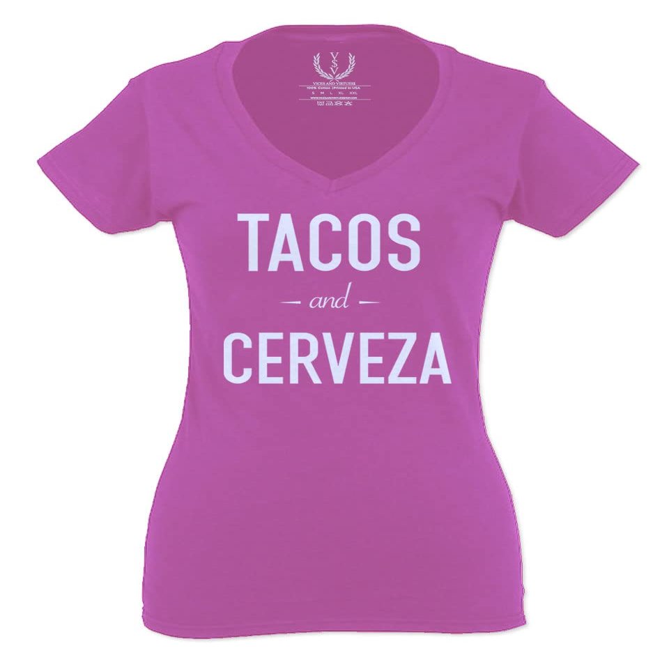 0511. Funny Gift Tacos and Cervezas Cinco de Mayo Mexican Proud Mexico Beer for Women V Neck Fitted T Shirt (Pink X Small)