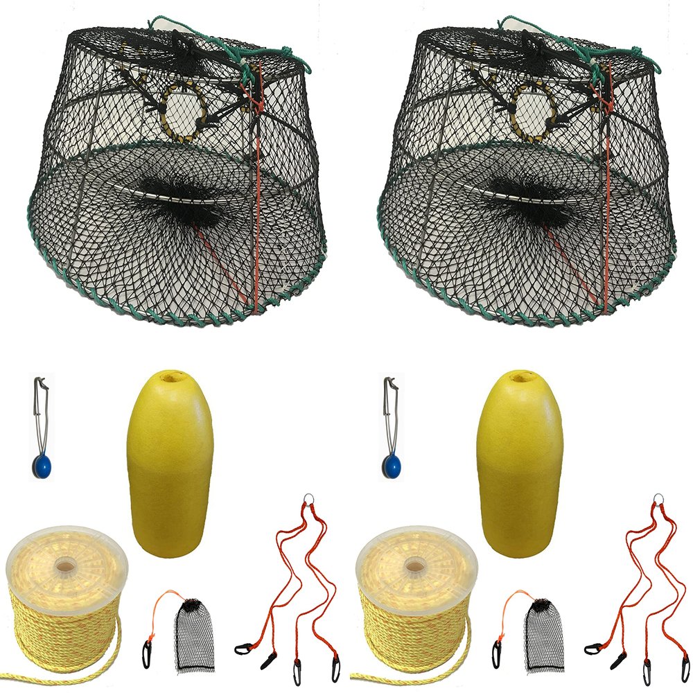 2-Pack of KUFA Sports Tower Style Prawn Trap(Stretched Mesh Size:1-1/8") with 400' Rope, Yellow Float, Bait Bag & Harness Combo ((CT76+PBP3+HA2) X2)