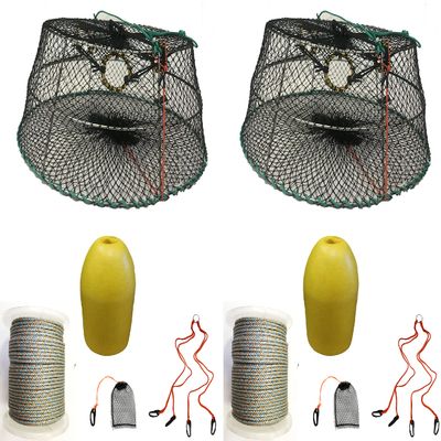 2-Pack of KUFA Sports Tower Style Prawn Trap(Stretched Mesh Size:1-1/8") with 400' Rope, Yellow Float, Bait Bag & Harness Combo ((CT76+PBQ3+HA2) X2)
