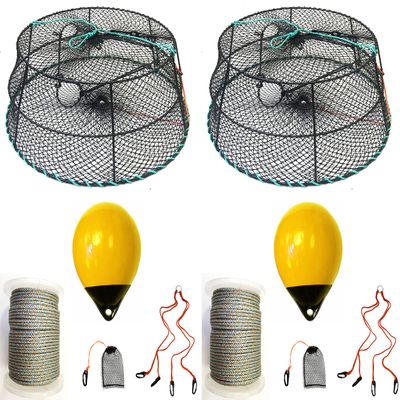 2-Pack of KUFA Sports Vinyl Coated Prawn Trap(Stretched Mesh Size:1-1/8") with 400' Rope, Yellow Float, Bait Bag & Harness Combo ((CT78+PBQ30Y+HA2) X2)