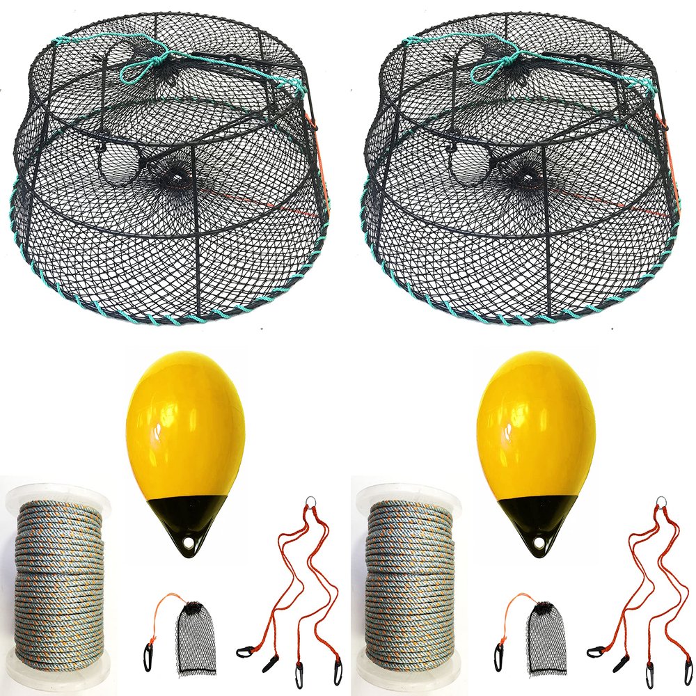 2-Pack of KUFA Sports Vinyl Coated Prawn Trap(Stretched Mesh Size:1-1/8") with 400' Rope, Yellow Float, Bait Bag & Harness Combo ((CT78+PBQ30Y+HA2) X2)