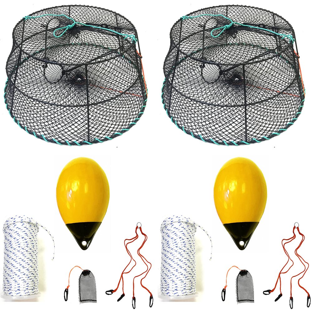 2-Pack of KUFA Sports Vinyl Coated Prawn Trap(Stretched Mesh Size:1-1/8") with 400' Rope, Yellow Float, Bait Bag & Harness Combo ((CT78+PBS30Y+HA2) X2)