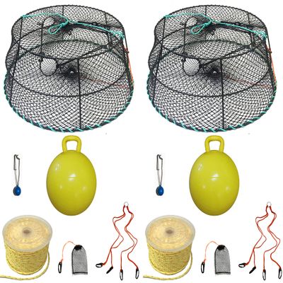 2-Pack of KUFA Sports Vinyl Coated Prawn Trap(Stretched Mesh Size:1-1/8") with 400' Rope, Yellow Float, Bait Bag & Harness Combo ((CT78+PBP5+HA2) X2)