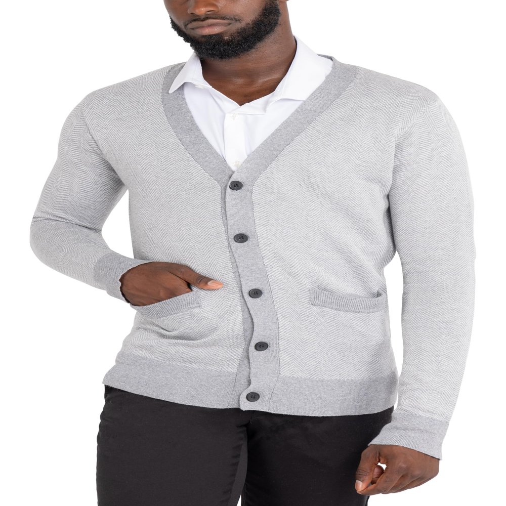 X RAY Mens Cardigan Sweater, V-Neck Soft Herringbone Button Down Cardigan Sweaters for Men, Off White-Heather Grey, Medium