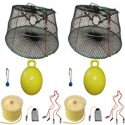 2-Pack of KUFA Sports Tower Style Prawn Trap(Stretched Mesh Size:1-1/8") with 400' Rope, Yellow Float, Bait Bag & Harness Combo (CT76+PBP5+HA2) X2