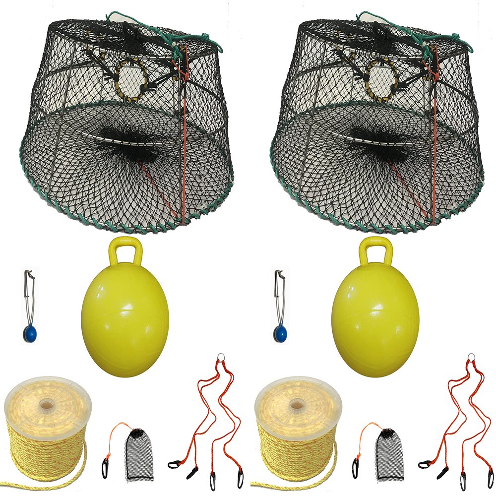 2-Pack of KUFA Sports Tower Style Prawn Trap(Stretched Mesh Size:1-1/8") with 400' Rope, Yellow Float, Bait Bag & Harness Combo (CT76+PBP5+HA2) X2