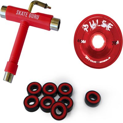 SKATE GURU Outdoor Quad Roller Wheels 78A Bundle Atom Pulse 65x37 Red + Bearings ABEC9 Durable + Tool / 2 Packs - 8 Wheels