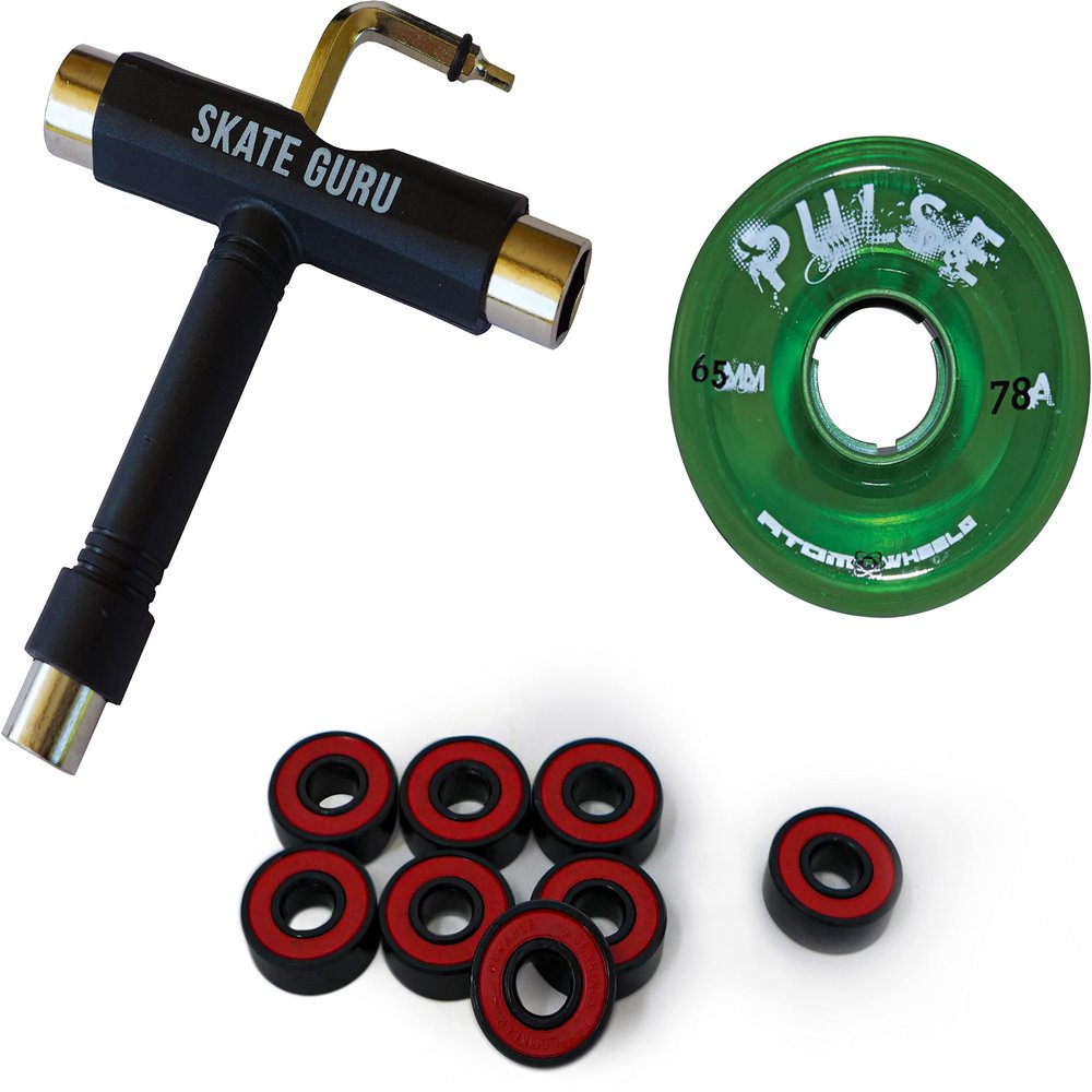 SKATE GURU Outdoor Quad Roller Wheels 78A Bundle Atom Pulse 65x37 Green + Bearings ABEC9 Durable + Tool / 2 Packs - 8 Wheels