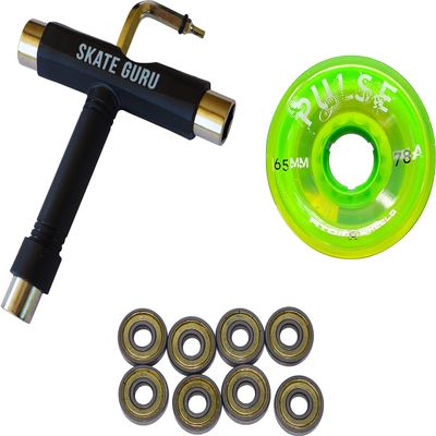 SKATE GURU Outdoor Quad Roller Wheels 78A Bundle Atom Pulse 65x37 Lime + Bearings ABEC9 Metal Seal + Tool / 2 Packs - 8 Wheels