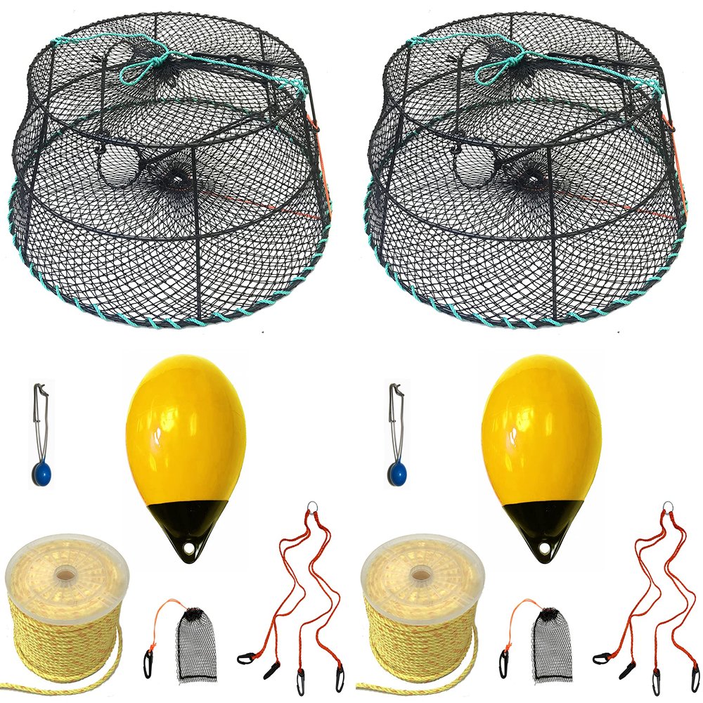 2-Pack of KUFA Sports Vinyl Coated Prawn Trap(Stretched Mesh Size:1-1/8") with 400' Rope, Yellow Float, Bait Bag & Harness Combo ((CT78+PBP30Y+HA2) X2)