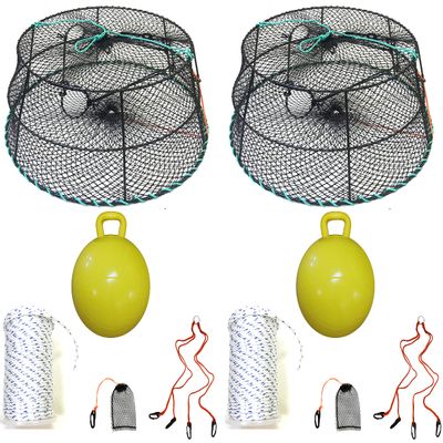 2-Pack of KUFA Sports Vinyl Coated Prawn Trap(Stretched Mesh Size:1-1/8") with 400' Rope, Yellow Float, Bait Bag & Harness Combo ((CT78+PBS5+HA2) X2)