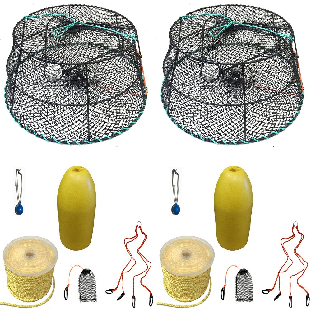 2-Pack of KUFA Sports Vinyl Coated Prawn Trap(Stretched Mesh Size:1-1/8") with 400' Rope, Yellow Float, Bait Bag & Harness Combo ((CT78+PBP3+HA2) X2)