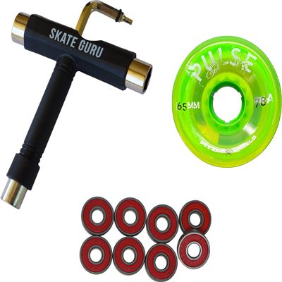 SKATE GURU Outdoor Quad Roller Wheels 78A Bundle Atom Pulse 65x37 Lime + Bearings ABEC9 Universal + Tool / 2 Packs - 8 Wheels